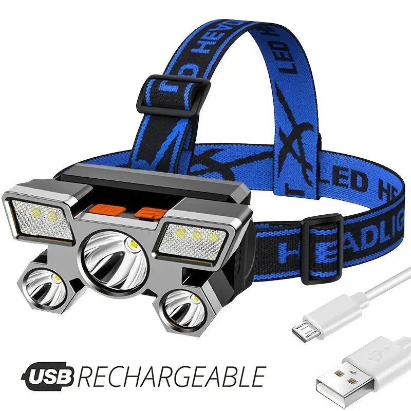 LED Headlamp USB Rechargeable - 5 Leds, Waterproof, Portable for Camping - Blue