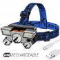 LED Headlamp USB Rechargeable - 5 Leds, Waterproof, Portable for Camping - Blue