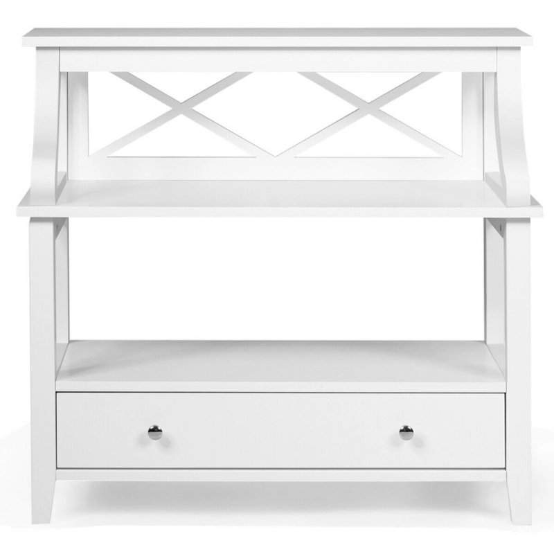 White 3-Tier Console Table with a Large Slide Drawer and Storage Shelves