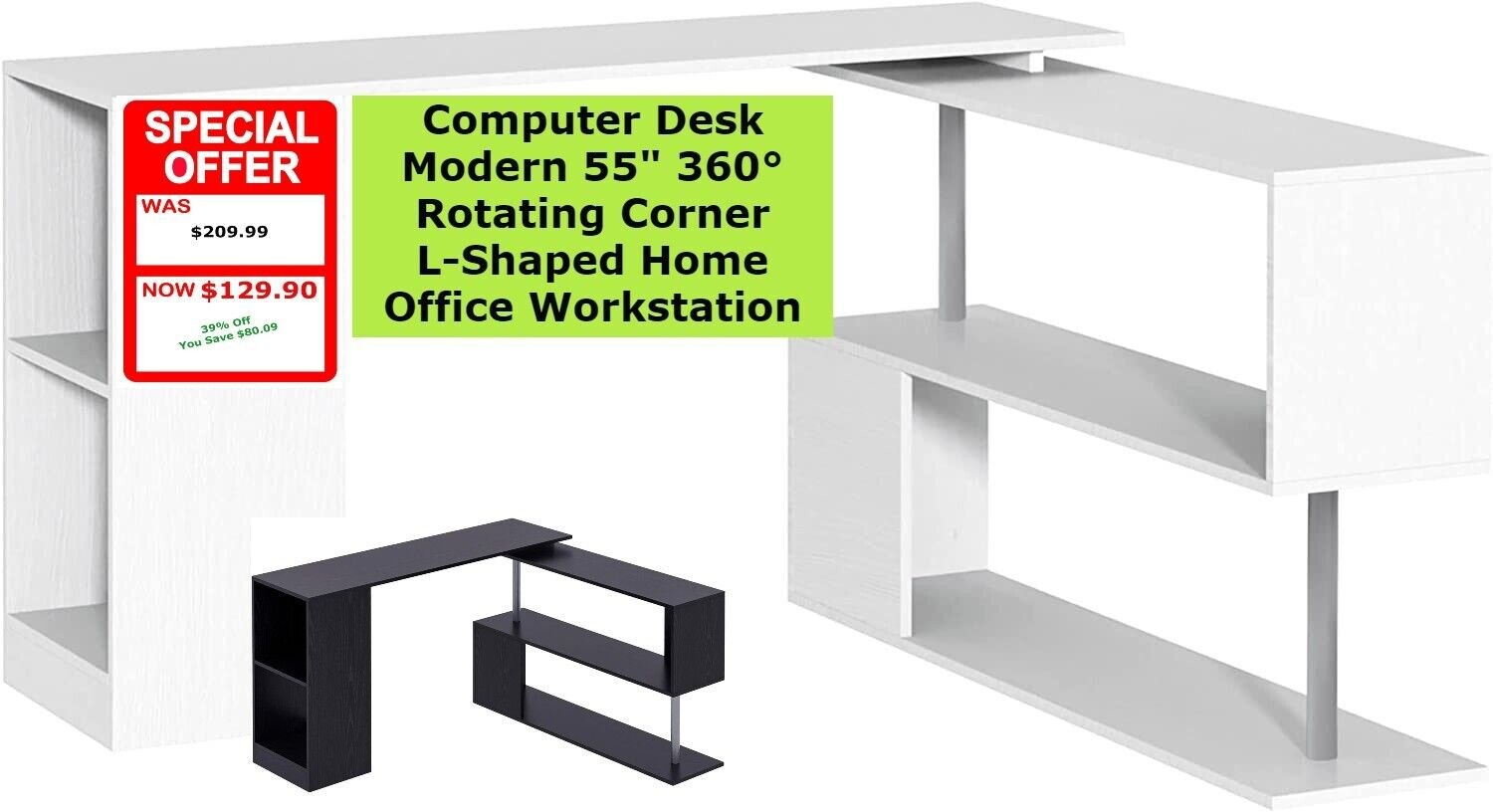 Computer Desk Modern 55" 360&Acirc;&deg; Rotating Corner L-Shaped Home Office Workstation w