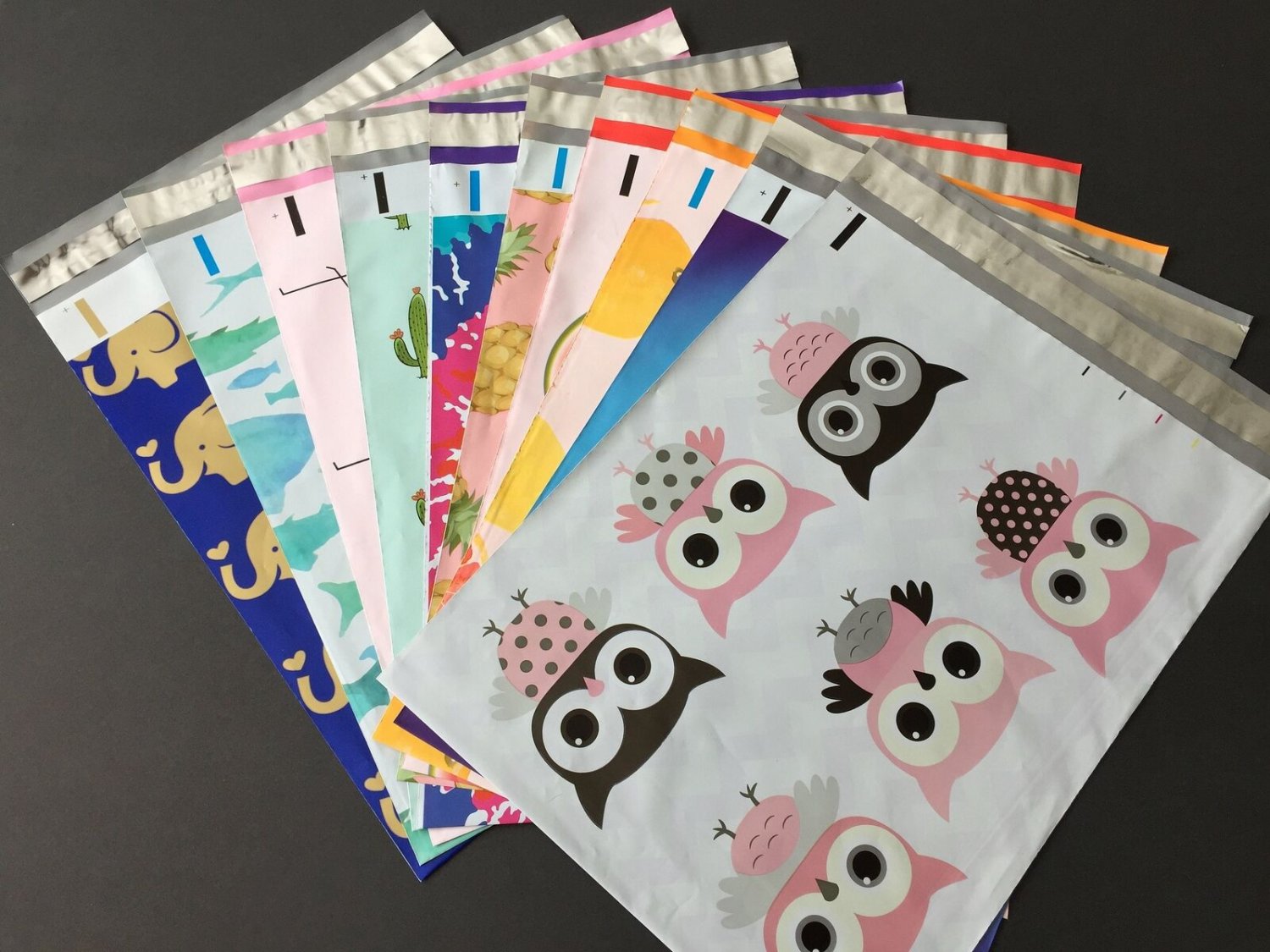 25 YOU CHOOSE Fun Assorted Designer Poly Mailers 10X13 Elefants Pineapple Waterm