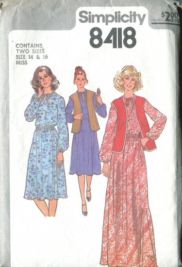 Simplicity Miss Size 14 & 16 Pullover Dress 1977