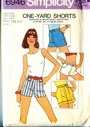 Simplicity 6946 One Yard Shorts Size 5 & 7 Junior Uncut 1975