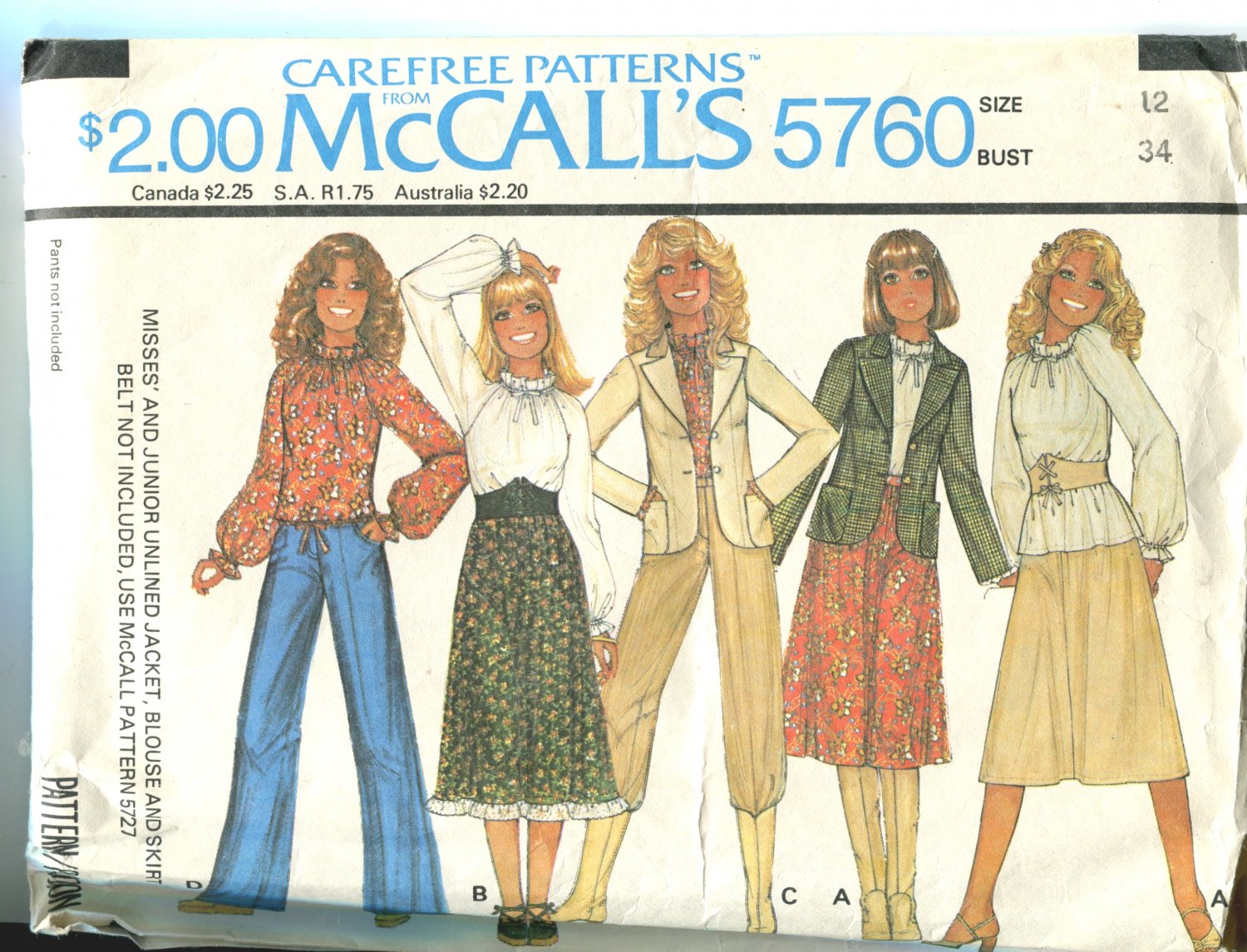 McCalls Pattern 5760 Unlined Jacket Blouse and Skirt Size 12 Uncut 1977