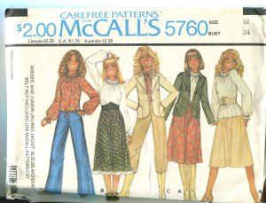 McCalls Pattern 5760 Unlined Jacket Blouse and Skirt Size 12 Uncut 1977