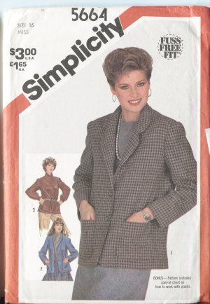 Simplicity 5664 Size 16 1982 Misses Casual Unlined Jacket  Uncut