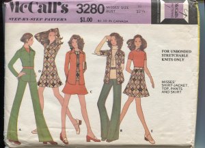 McCalls Pattern 3280 Misses Size 10 Jacket Top Pants Skirt for Unbonded Knits 1972