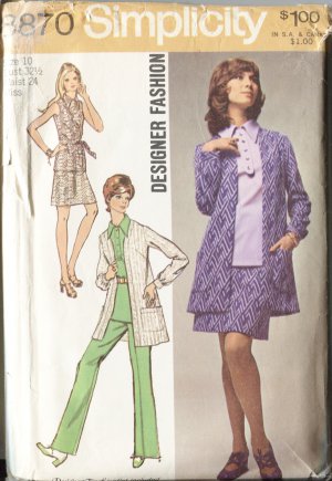 Simplicity 8870 Pattern Size 10 Overblouse Mini Skirt Pants Unlined Jacket 1970