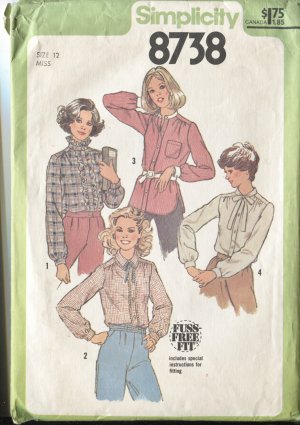 Simplicity Pattern 8738 Misses Size 12 Blouse Fuss Free Fit Dated 1978