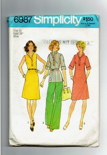 Vintage Misses Simplicity Pattern 6987 Dress or Top, Pants  Size 12 1975 Unused