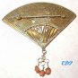 Chinese Enamel FAN Pin Filigree Butterfly Gemstones