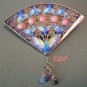 Chinese Enamel FAN Pin Filigree Coral Butterfly Gems