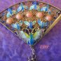 Chinese Enamel FAN Pin Filigree Coral Butterfly Gems