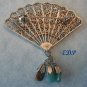 Chinese Enamel FAN Pin Filigree Sterling BIRDS Gems Dangles