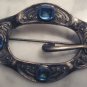 1920-30s Brass Buckle Scarf Sash Pin Brooch Blue Stones