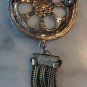 40's Watch Face Brooch Pin Pendant w Tassel Rhinestones