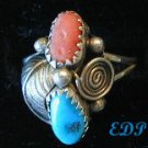 Native American Sterling Coral Turquoise Ring Sz 8