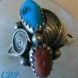 Native American Sterling Coral Turquoise Ring Sz 8
