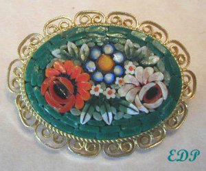 Micro MOSAIC Floral Pin Brooch Italy Flowers Filigree