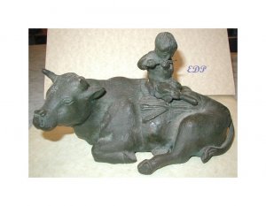 Asian Bronze Ox and Boy with Flute INKWELL Temple Toy