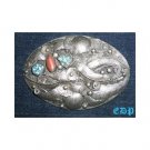 Native American Sterling Coral Turquoise Belt Buckle