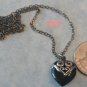 Sterling and Onyx Filigree Heart Pendant Charm Necklace