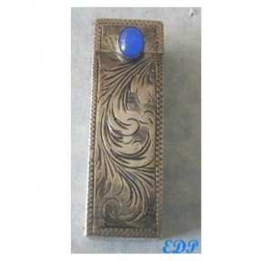 Italian  Lipstick Case Blue Stone Etched ART DECO