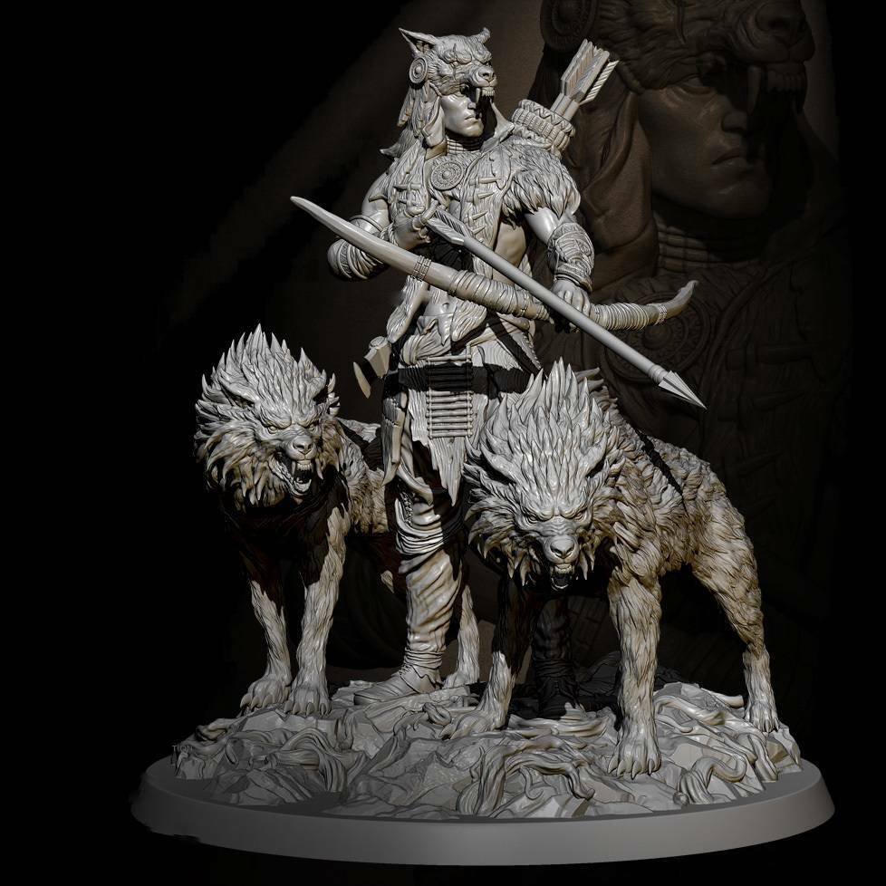 1/24 Resin Figure Model Kit Warrior Barbarian Hunter and Dogs Unpainted