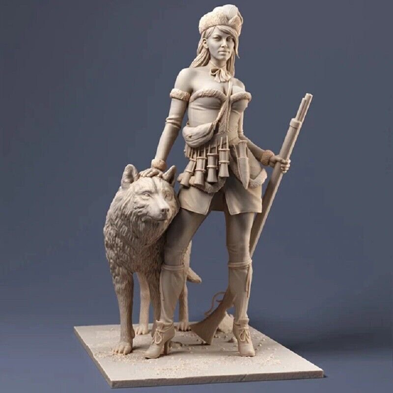 1/24 70mm Resin Model Kit Sexy Girl Female Huntress with a Wolf Unpainted X0079
