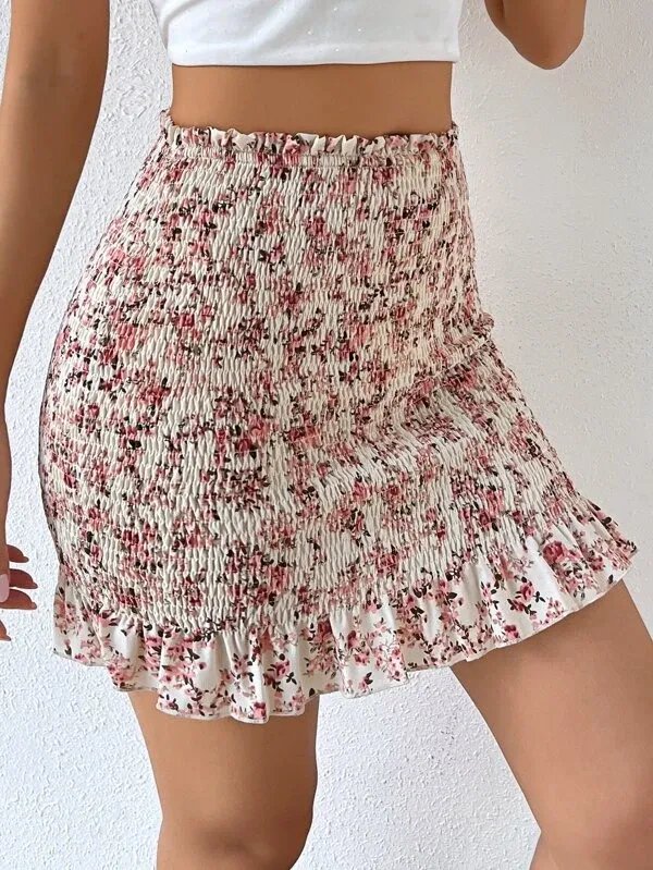 Shirred Ruffled Mini Skirt White Multi $7.99