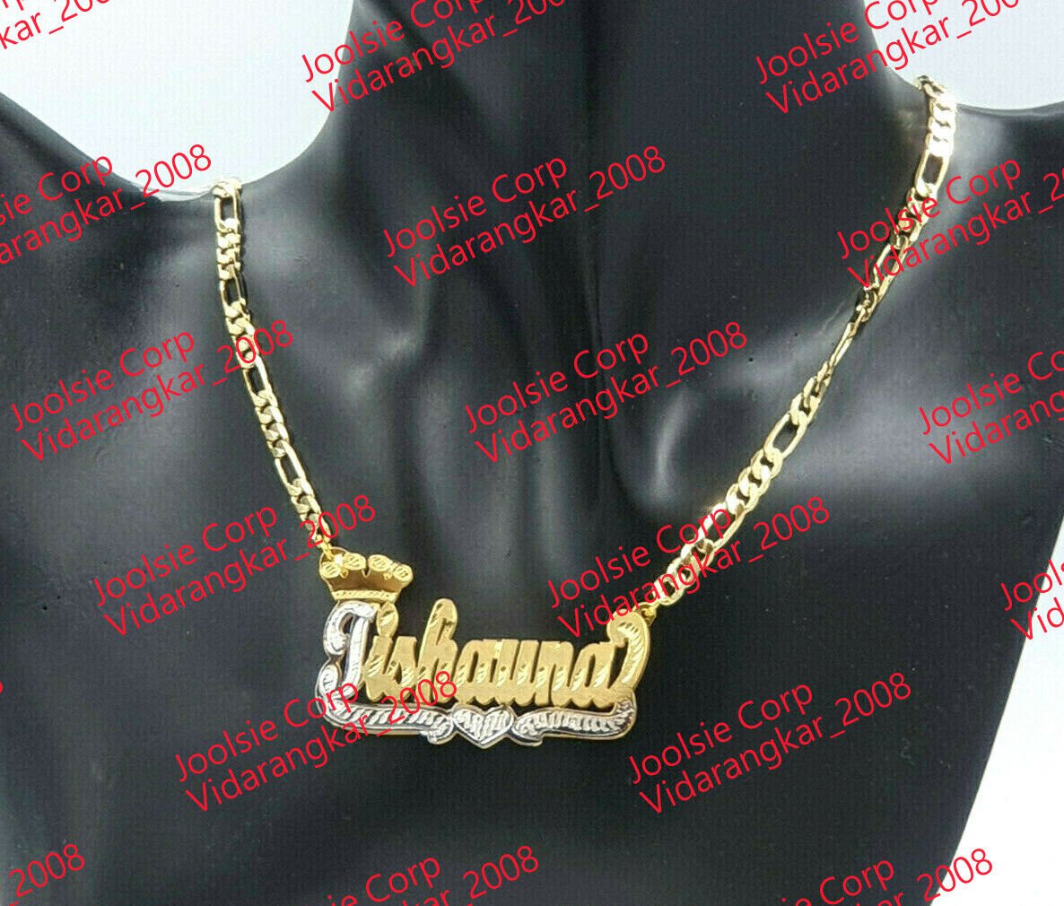 PERSONALIZED 14K GOLD PLATED DOUBLE NAME PLATE NECKLACE W/ ROLEX CROWN ,ANY NAME