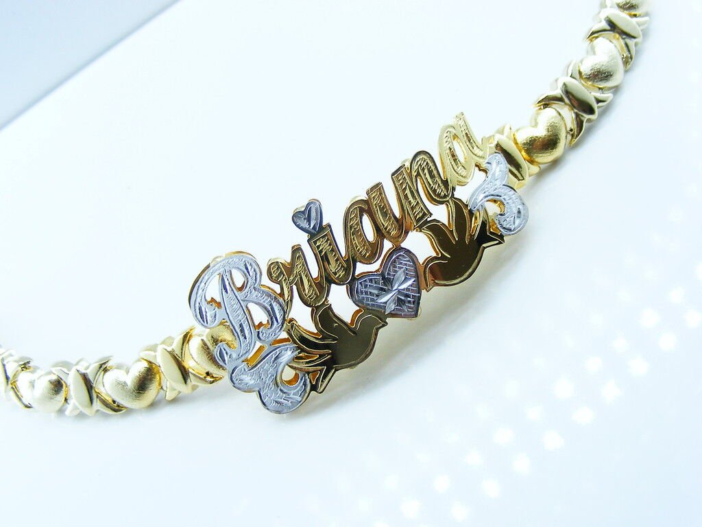 PERSONALIZED 14K  GF Double NAME PLATE BRACELET HUGS & KISSES Dove US Ship