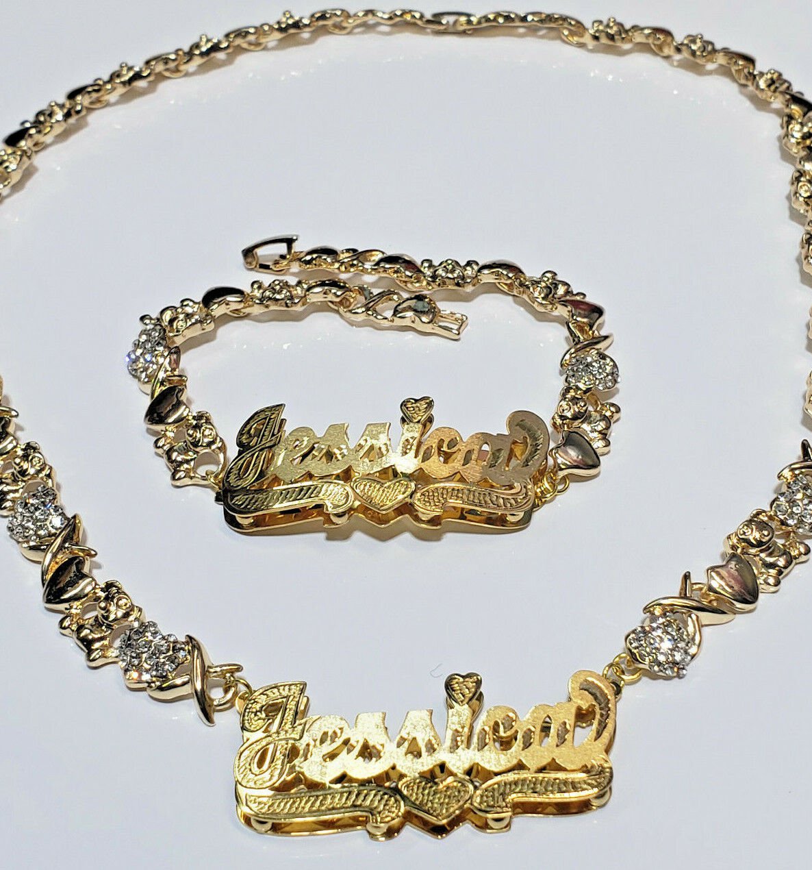 PERSONALIZED 14K GP DOUBLE PLATED TEDDY BEAR XO  NAME NECKLACE BRACELET SET