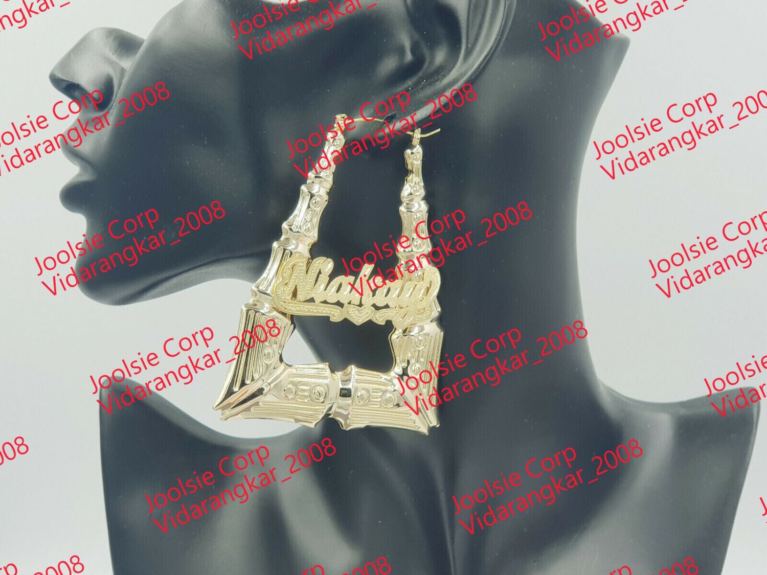 PERSONALIZED 14K GP 3" (LARGE) TRIANGLE BAMBOO DOOR KNOCKERS ANY NAME EARRINGS