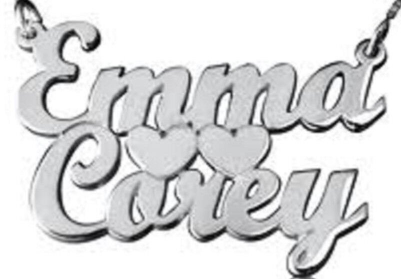 PERSONALIZED STERLING SILVER TWO 2 NAMES  NAME PLATE CHAIN NECKLACE W/HEARTS