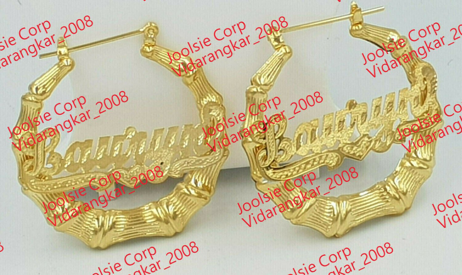 PERSONALIZED 14K GP 1.5" (small) ROUND BAMBOO NAME EARRINGS ANY NAME