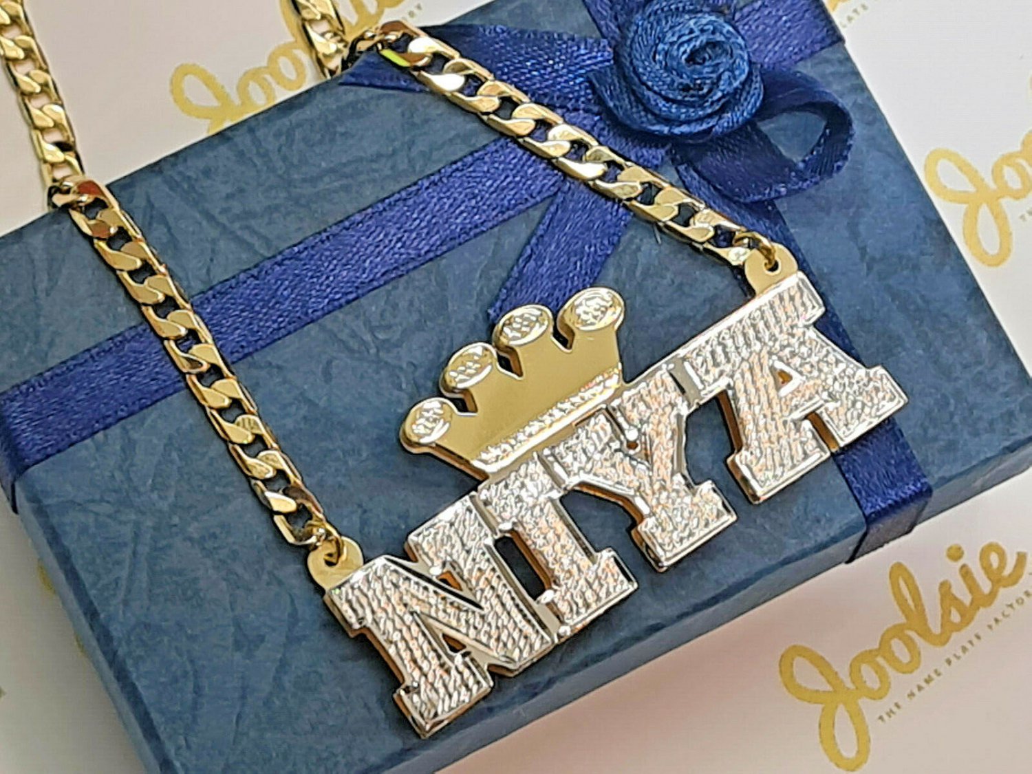 PERSONALIZED 14K GP 3D DOUBLE PLATED BLOCK NAME NECKLACE W/ROLEX CROWN UNISEX