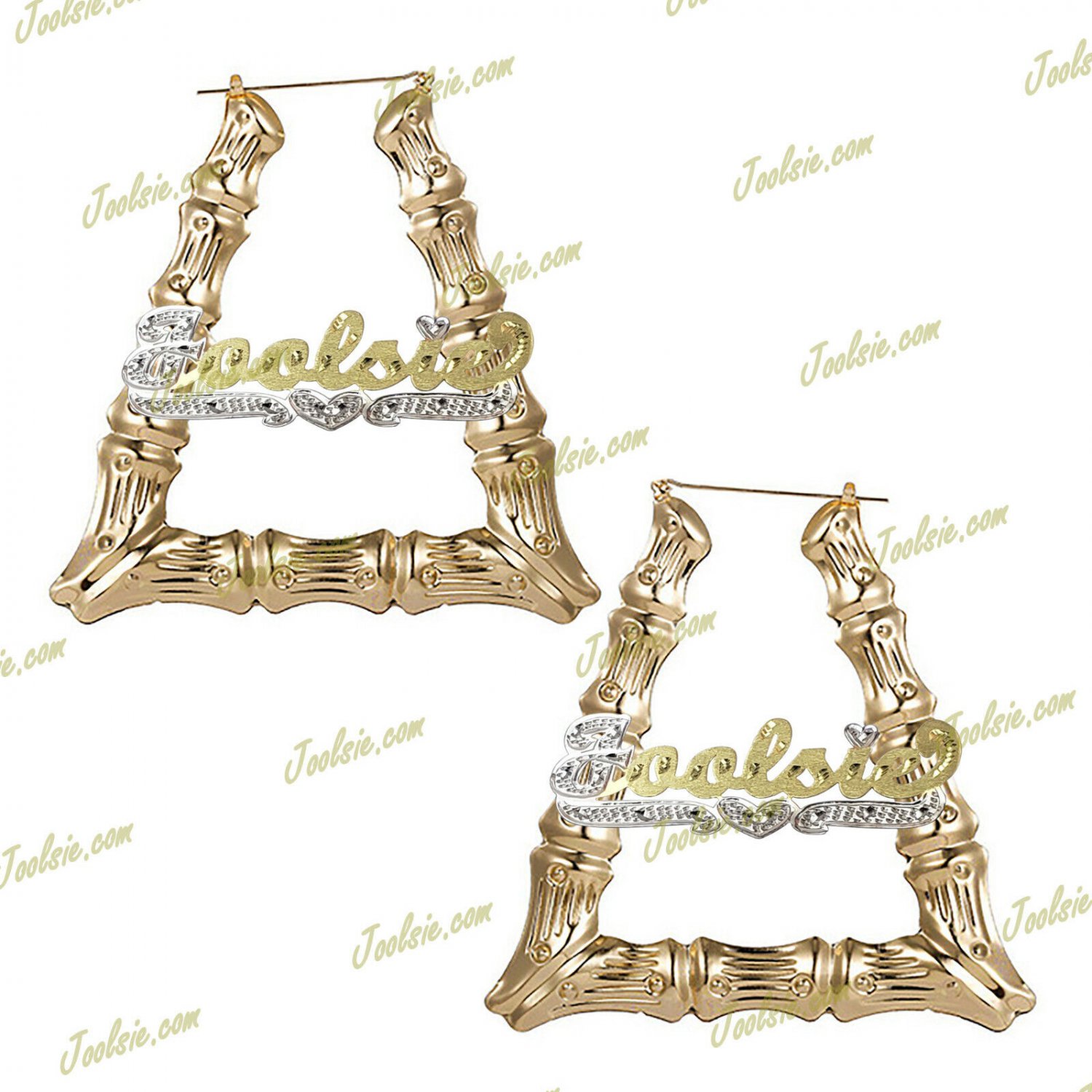 Personalized 3:00" Gold / 2TONE / Silver Triangle Bamboo Name  Earrings (LARGE)