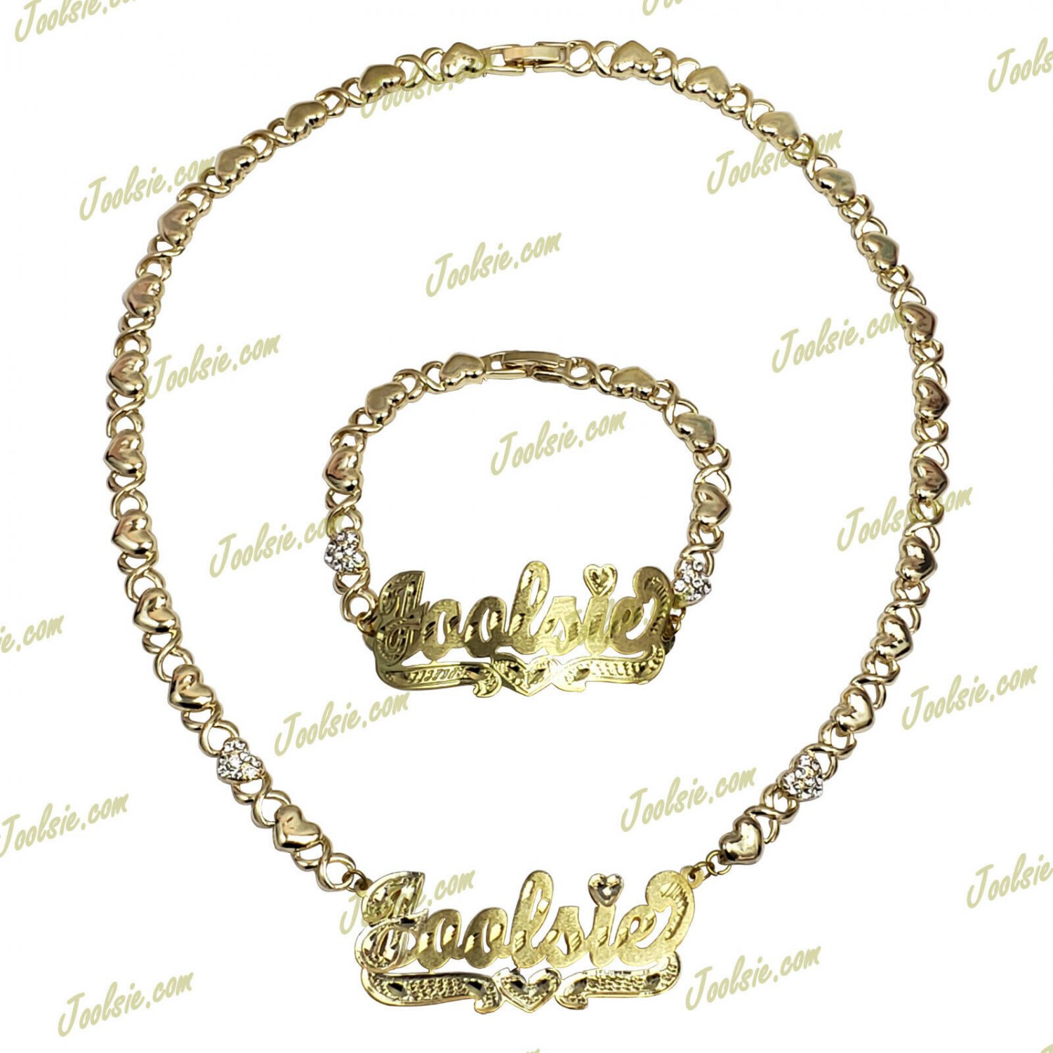 PERSONALIZED 14K GP DOUBLE PLATED XO HUGS AND KISSES NAME NECKLACE BRACELET SET