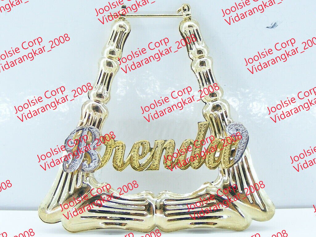 PERSONALIZED 14K GP 2" MEDIUM  TRIANGULAR BAMBOO NAME EARRINGS DOOR KNOCKERS