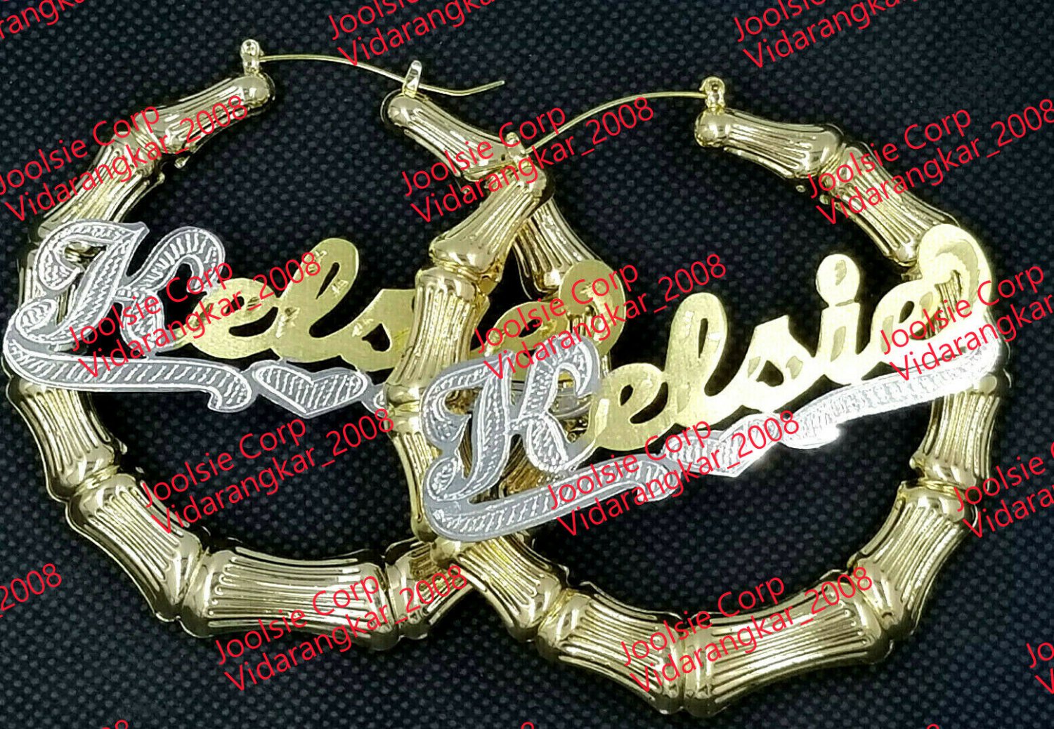 PERSONALIZED 14K GP 3:00" LARGE BAMBOO NAME EARRINGS ANY NAME UP TO 9 LETTERS SN