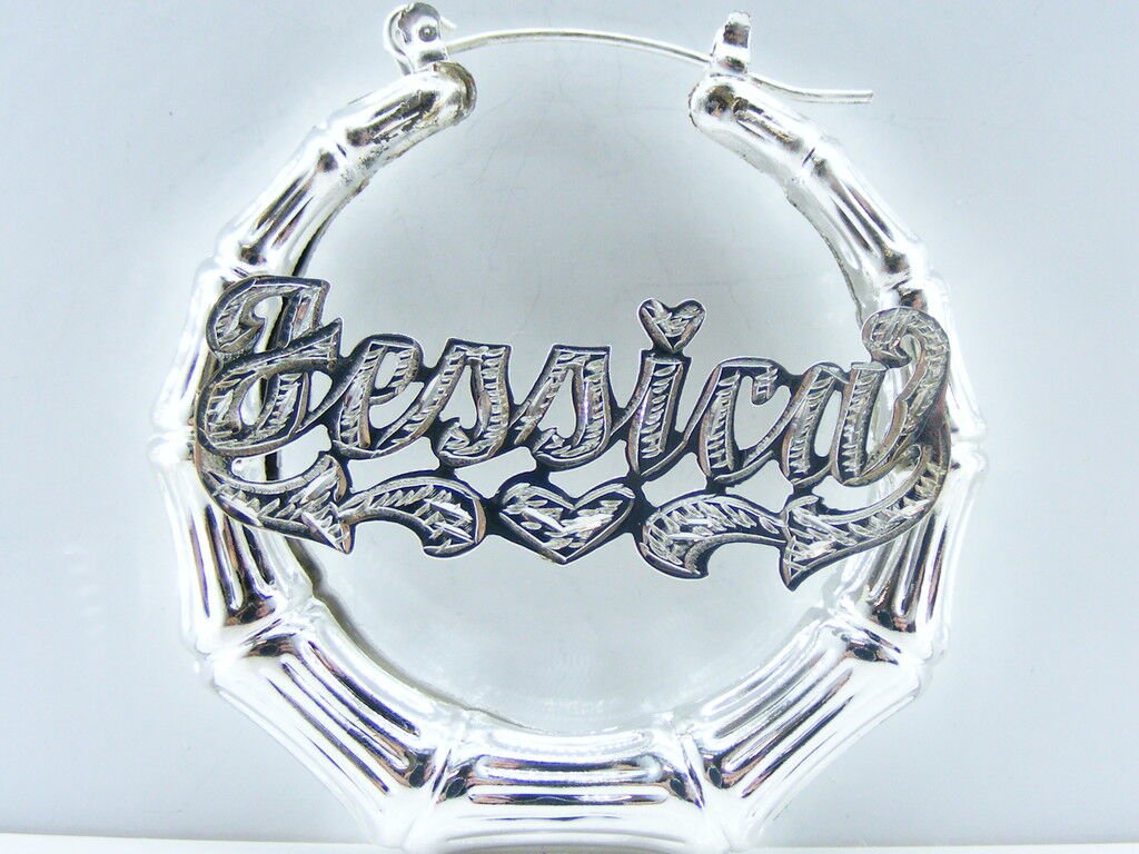 PERSONALIZED 1.75" SILVER ROUND BAMBOO NAME EARRINGS