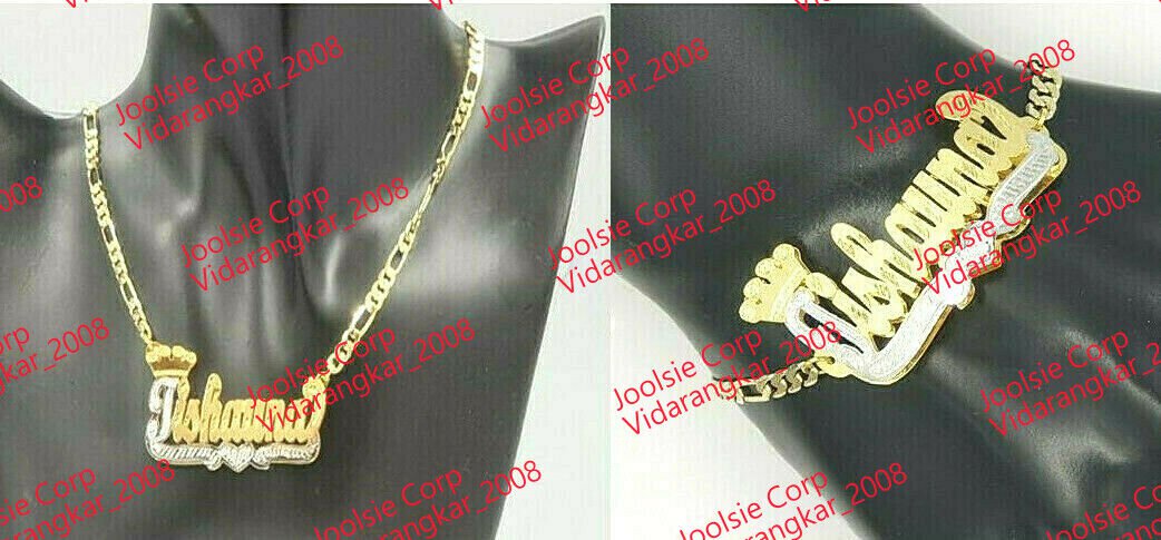 PERSONALIZED 14K GOLD PLATED DOUBLE 3D NAME NECKLACE BRACELET SET , ROLEX CROWN
