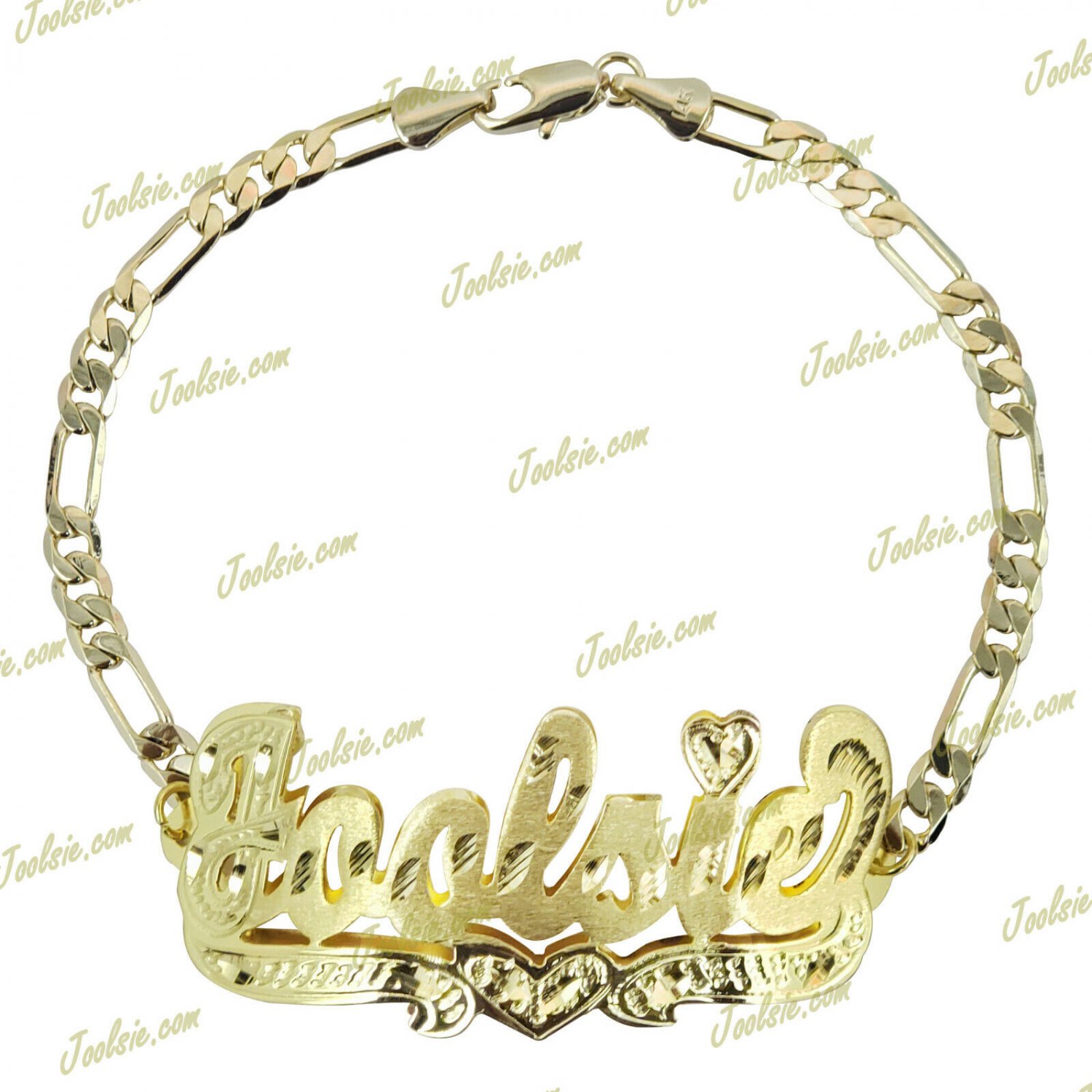 PERSONALIZED 14K GOLD GP FIGARO/CUBAN/FLAT LINK DOUBLE 3D NAME PLATE BRACELET LD