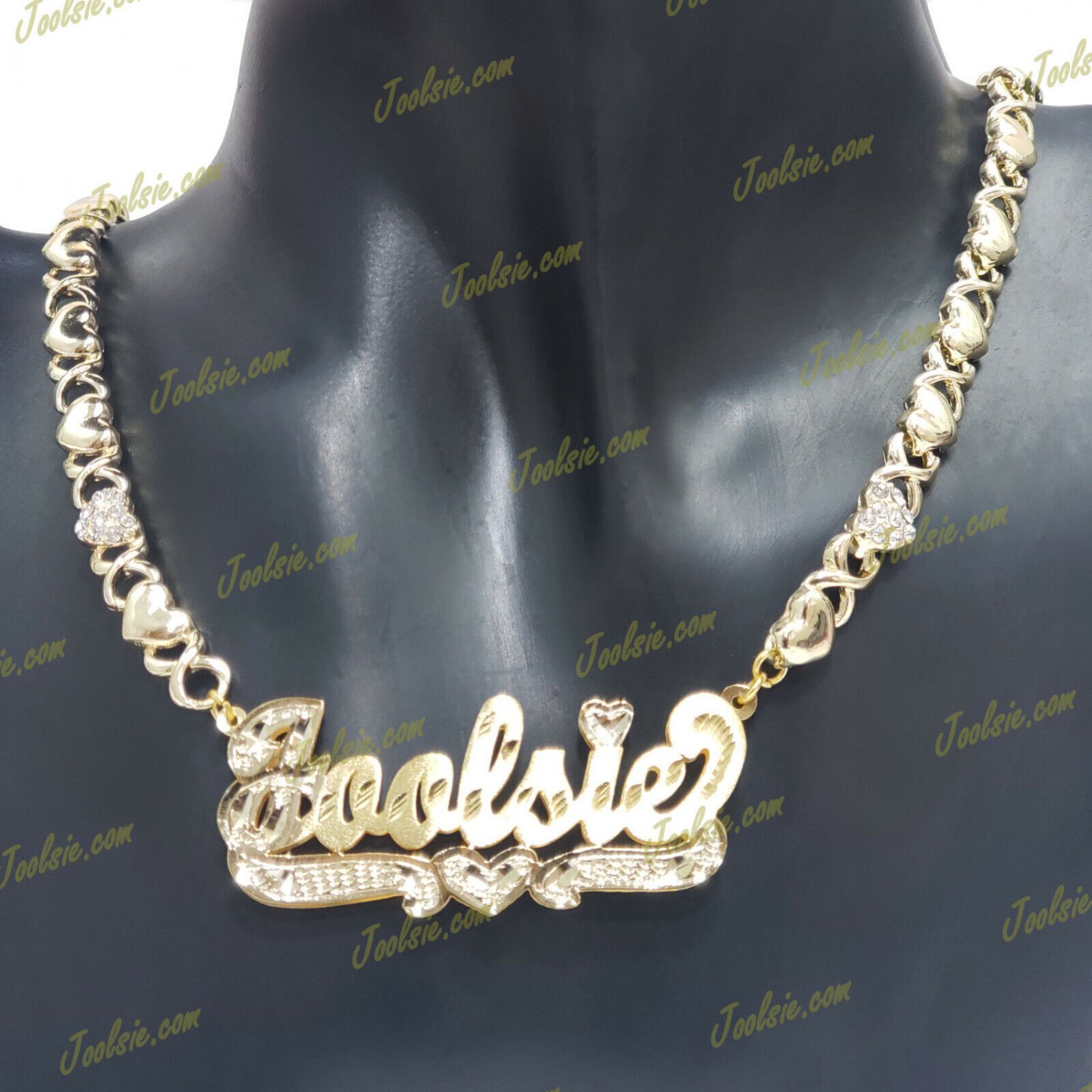 PERSONALIZED 14K GOLD PLATED DOUBLE 3D XO HUGS N KISSES NAME NECKLACE CZ