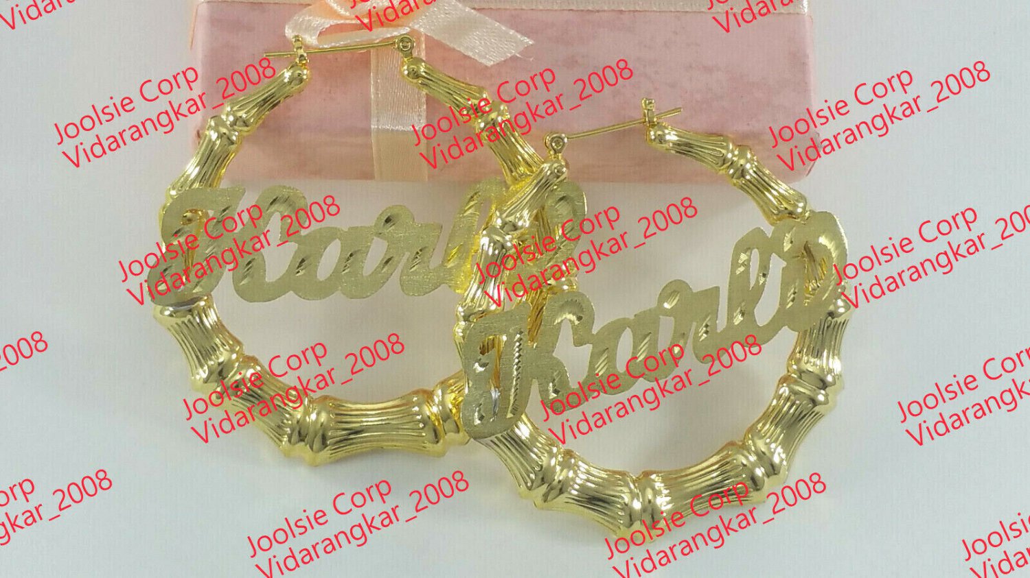 PERSONALIZED 14K GP 2:00" MEDIUM BAMBOO NAME EARRINGS ANY NAME UP TO 9 LETTERS
