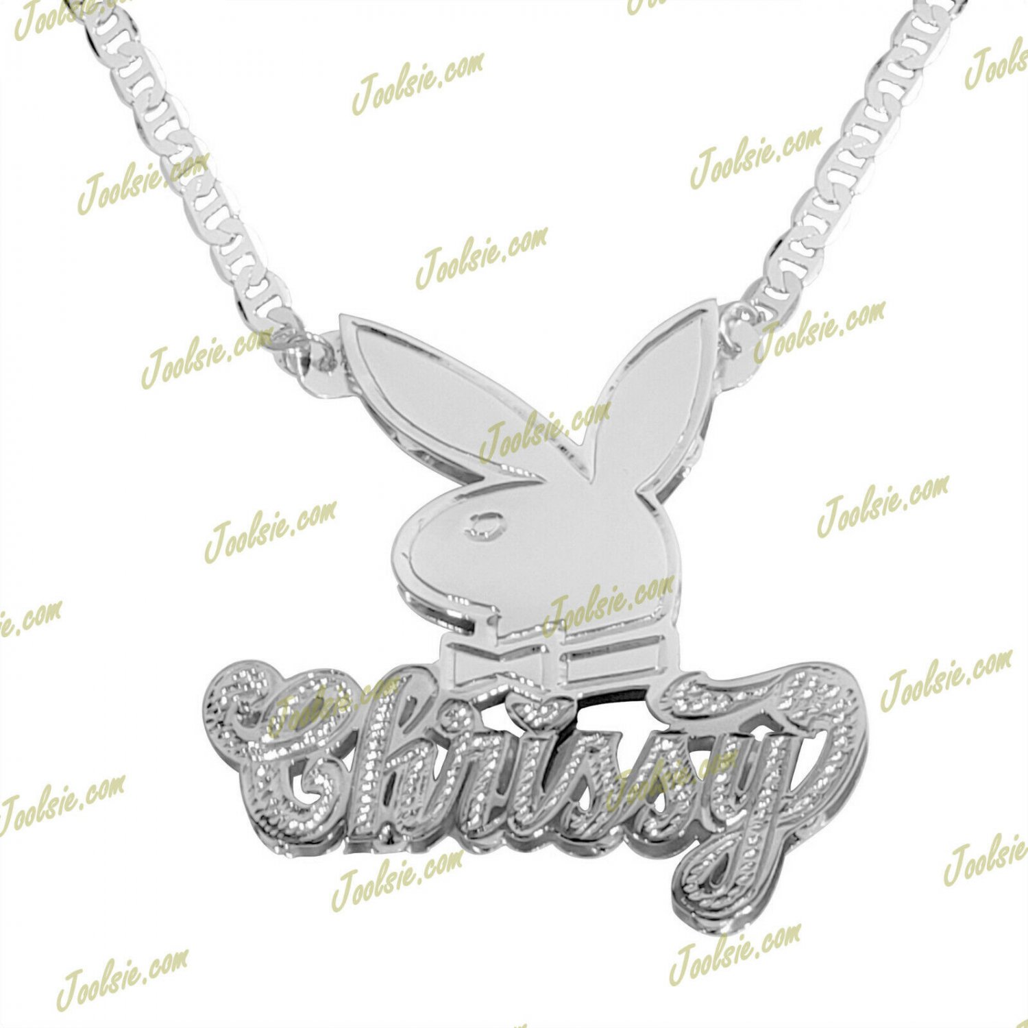 PERSONALIZED SILVER DOUBLE PLATED 3D BUNNY  NAME PLATE NECKLACE ANY NAME US SELL