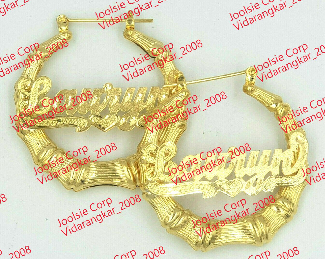 PERSONALIZED 14K GP 3:00" (large) ROUND BAMBOO NAME EARRINGS ANY NAME