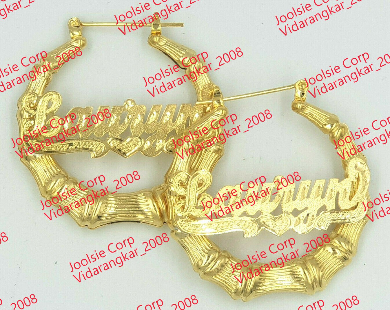 PERSONALIZED 14K GP 2:00" MEDIUM ROUND BAMBOO NAME EARRINGS ANY NAME *US SELLER