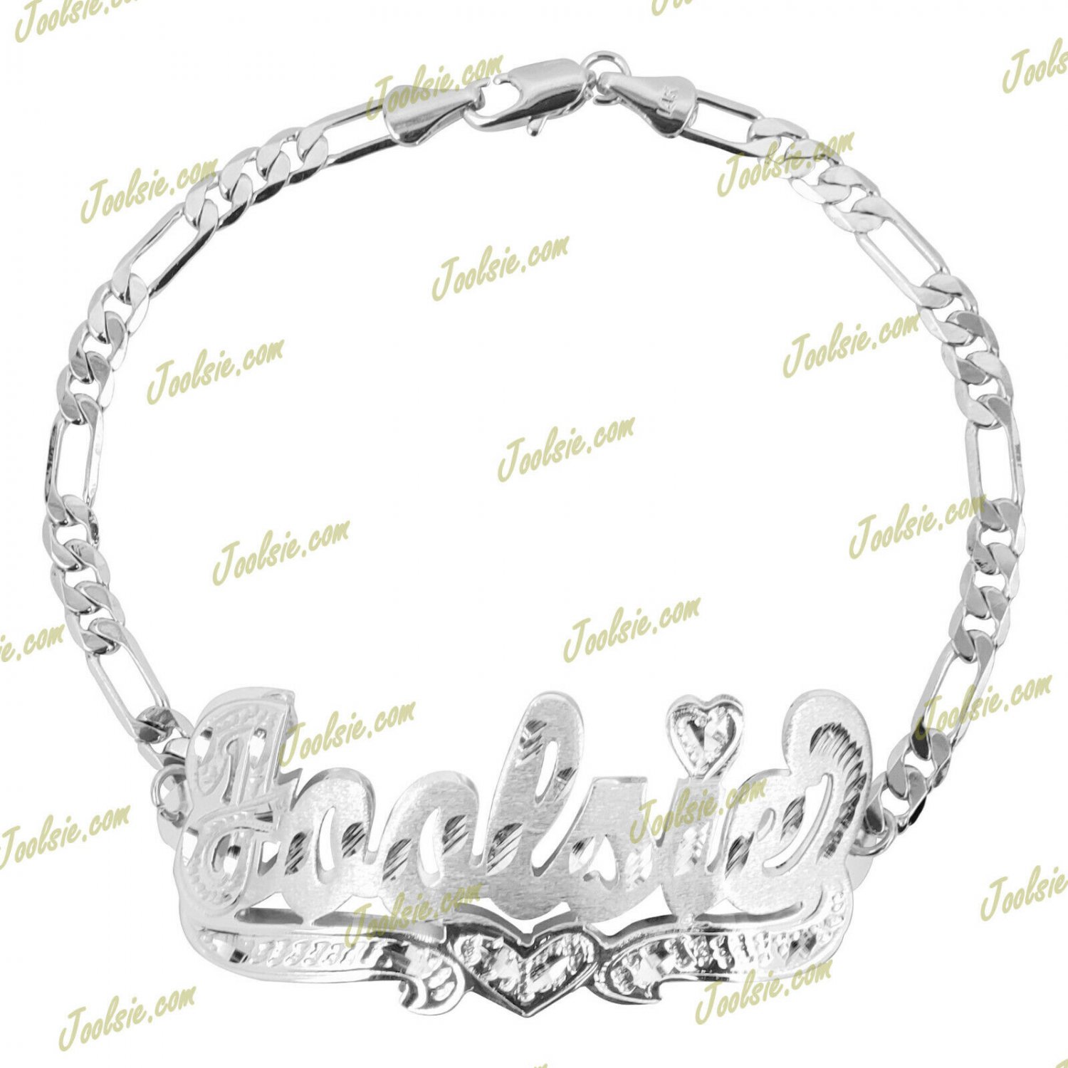 PERSONALIZED SILVER FIGARO/CUBAN/FLAT LINK DOUBLE 3D NAME PLATE BRACELET LD